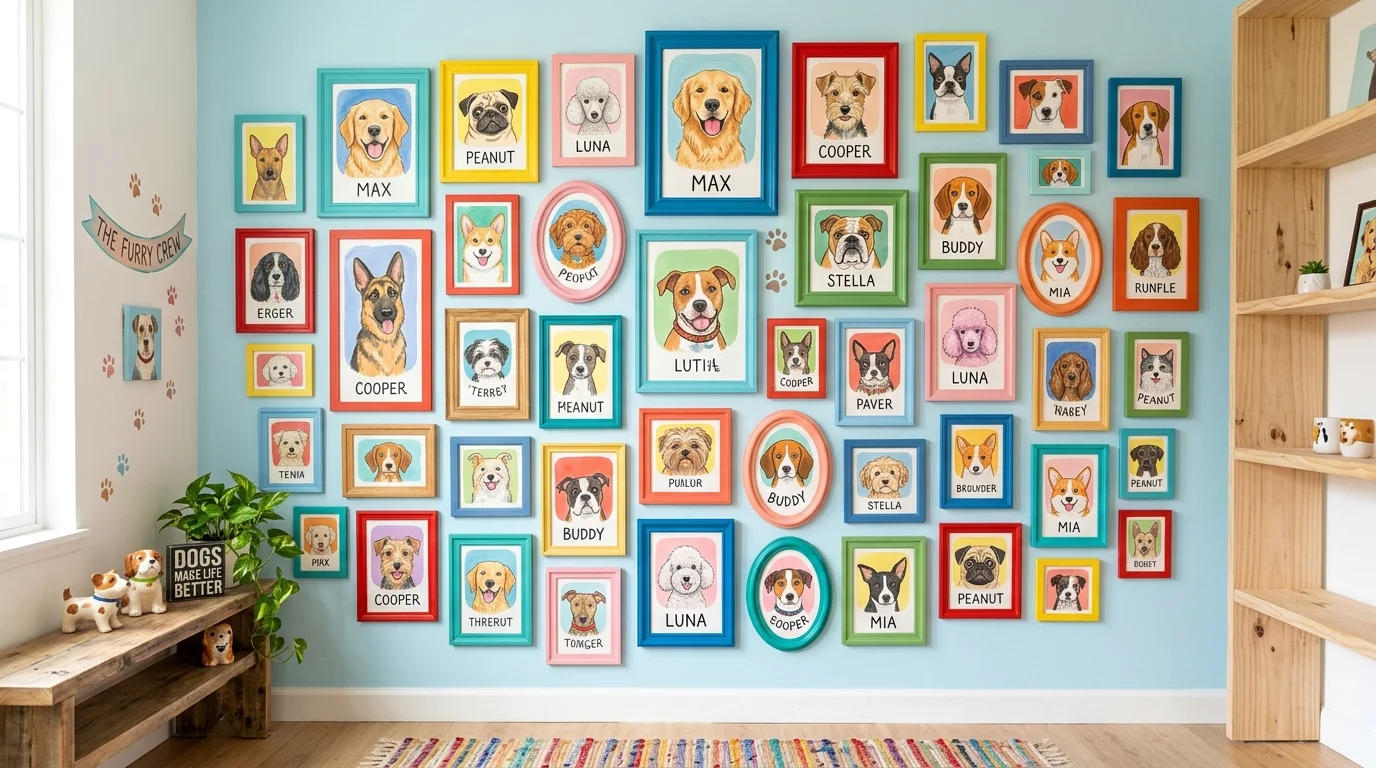 A wall with illustrated dog portraits in colorful frames arranged creatively bright lighting playful artistic pet themed display no people