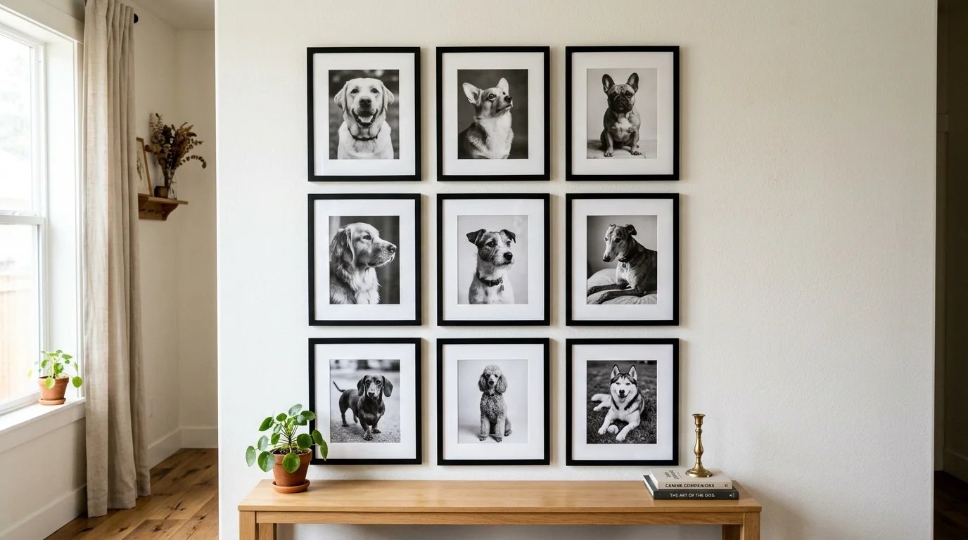 A collection of black and white dog photos in matching frames arranged in a grid bright natural light timeless elegant pet gallery no people