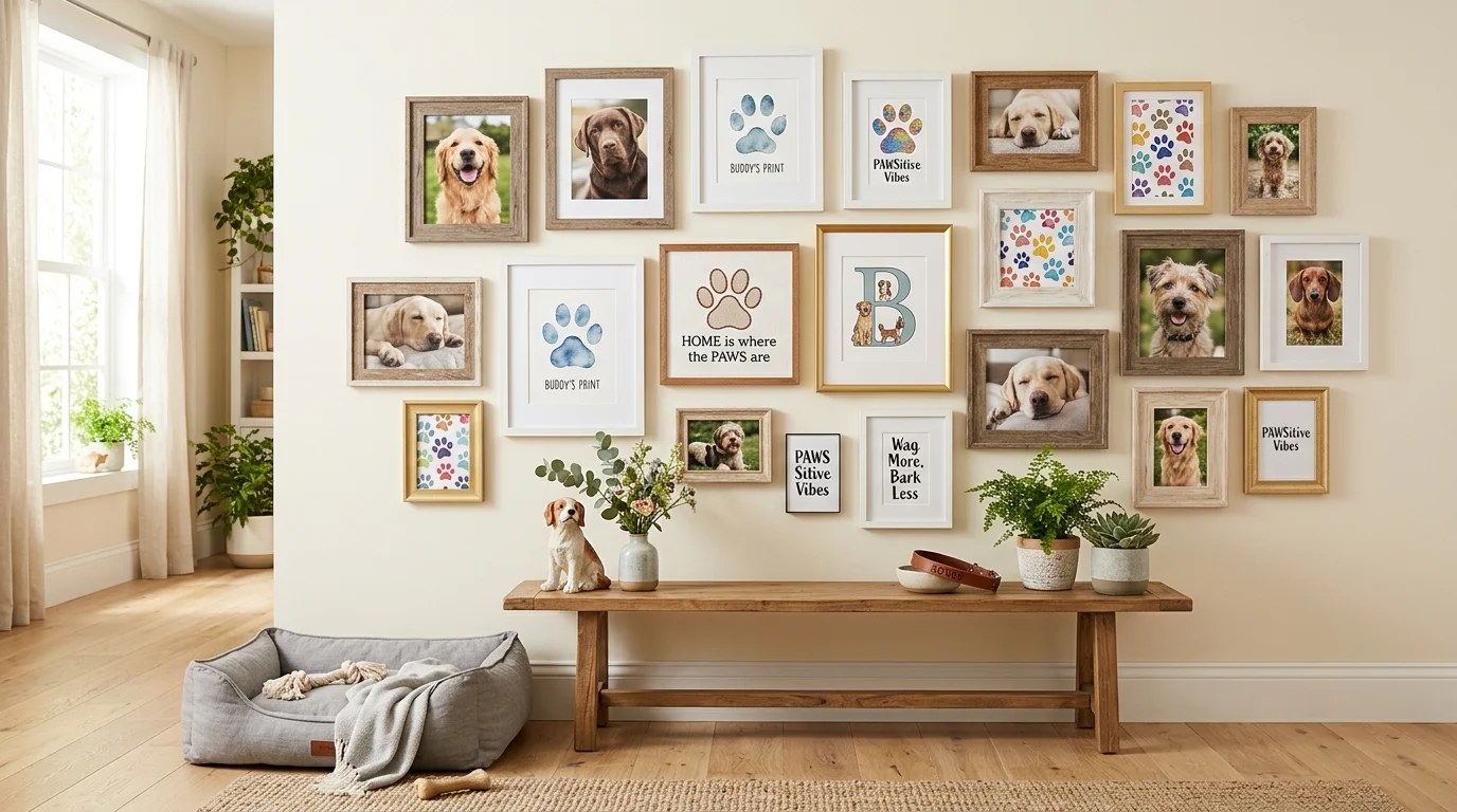 A gallery wall mixing dog photos and paw print art pieces bright lighting charming personalized pet decor no people