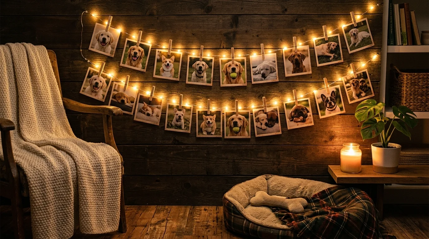 A string light display with clipped dog photos glowing softly warm ambient lighting cozy pet loving atmosphere no people