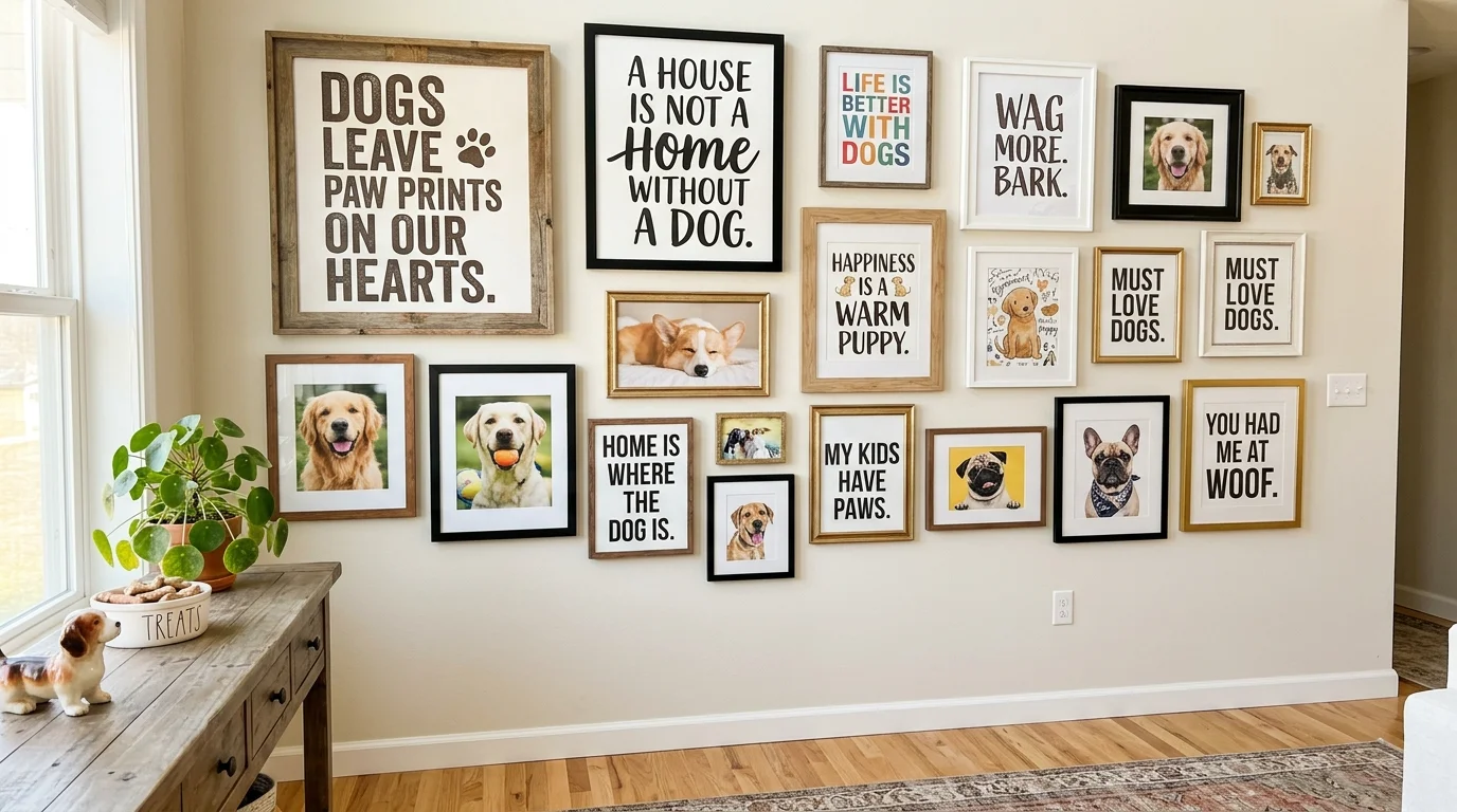 A wall with framed dog quotes and images arranged together bright lighting fun expressive pet decor no people