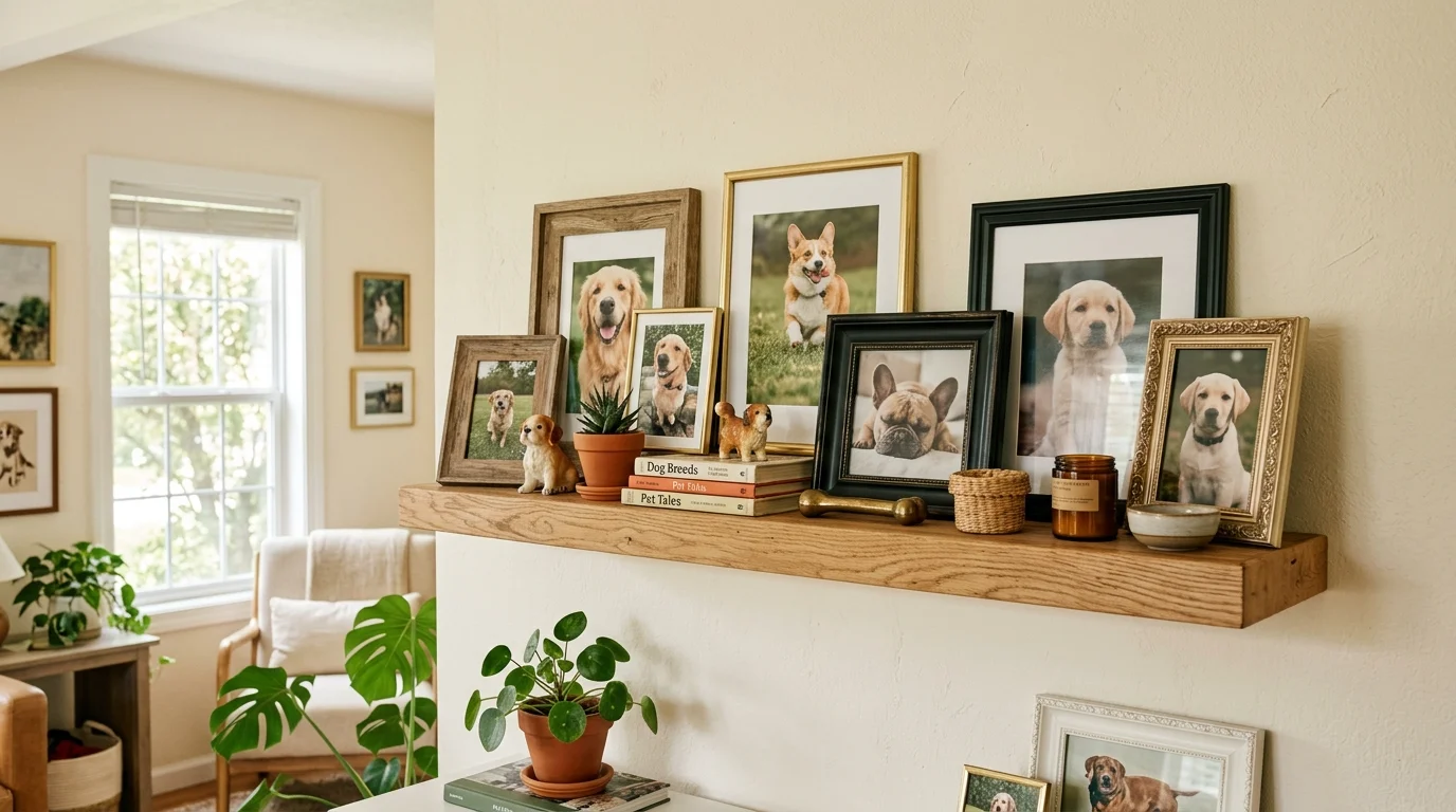A shelf display with framed dog photos and small decorative items bright natural daylight flexible evolving gallery no people