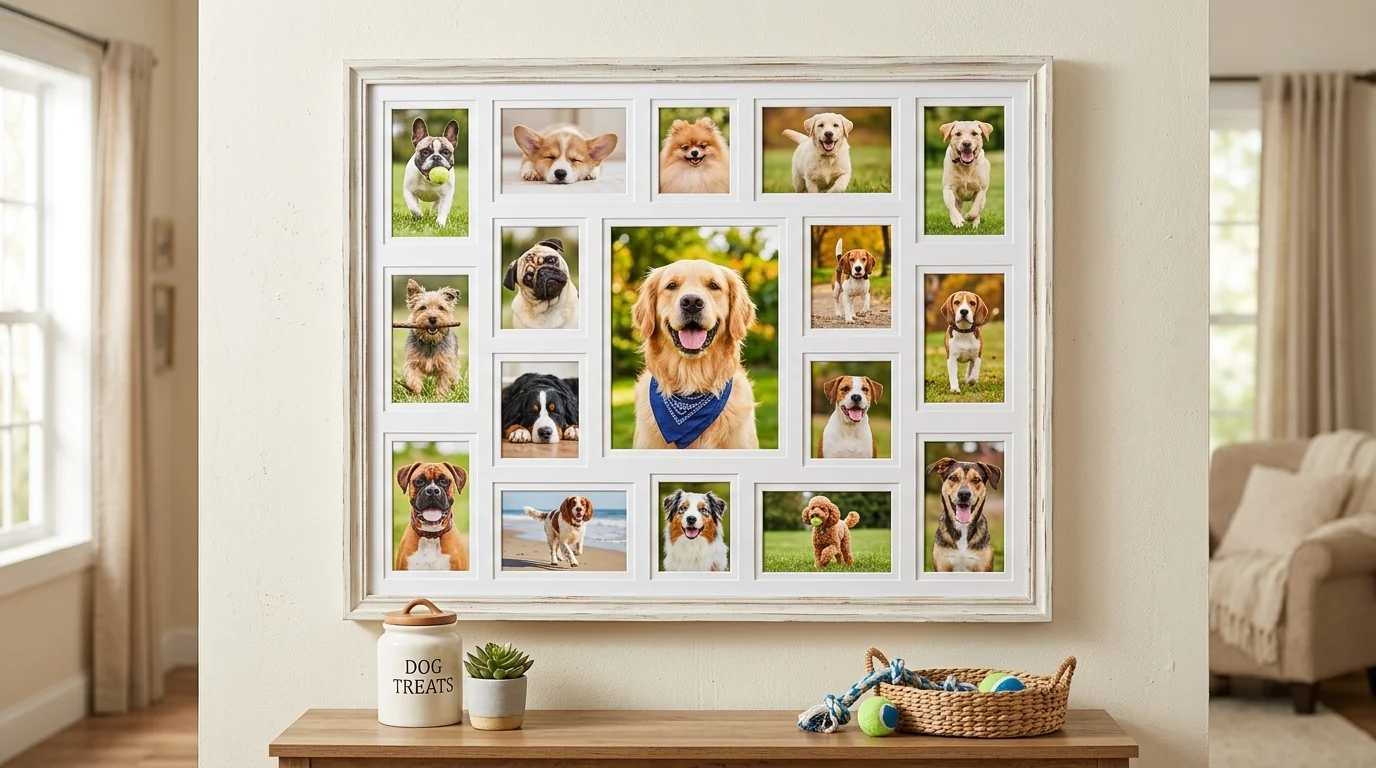 A collage frame holding multiple dog photos in one large piece bright lighting bold focal point pet display no people