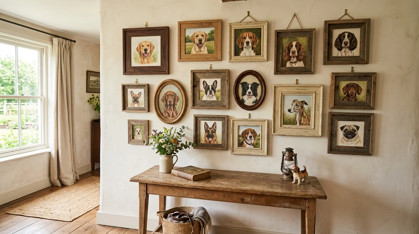 A rustic gallery wall with wooden frames and dog portraits bright natural light warm farmhouse pet decor no people