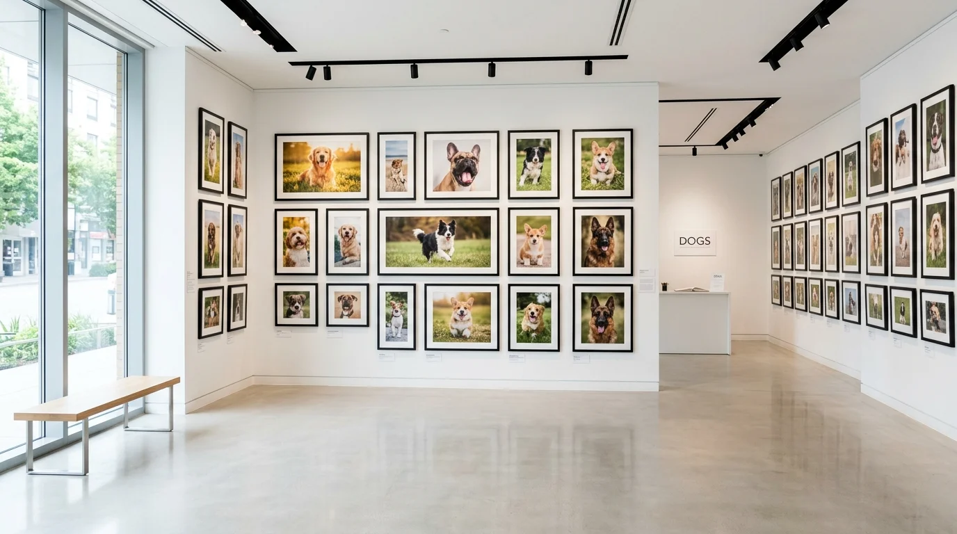 A modern gallery with sleek black frames holding dog photography bright lighting clean stylish pet display no people