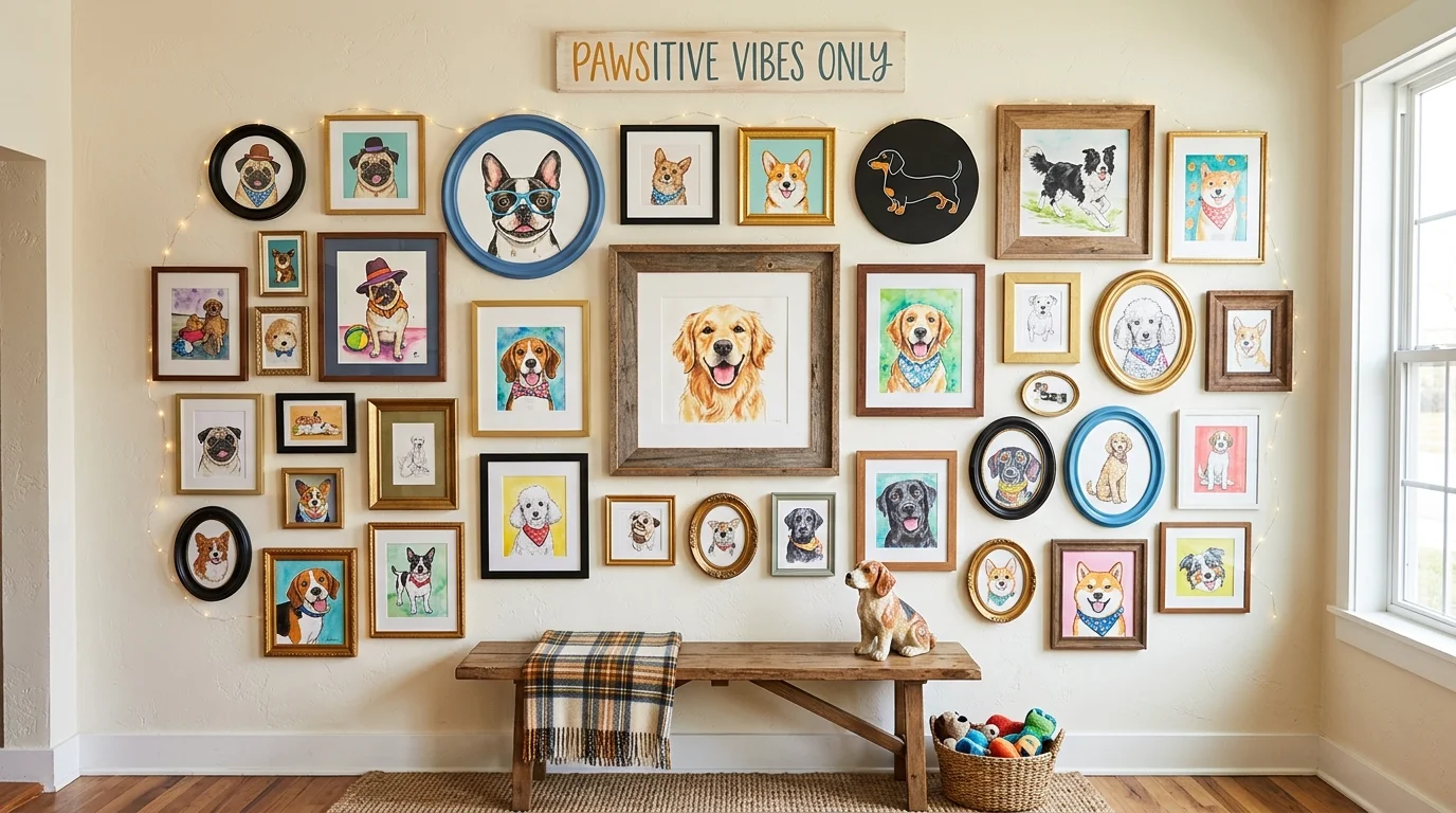 A playful wall with mixed frame shapes including circles and squares displaying dog art bright lighting creative pet gallery no people