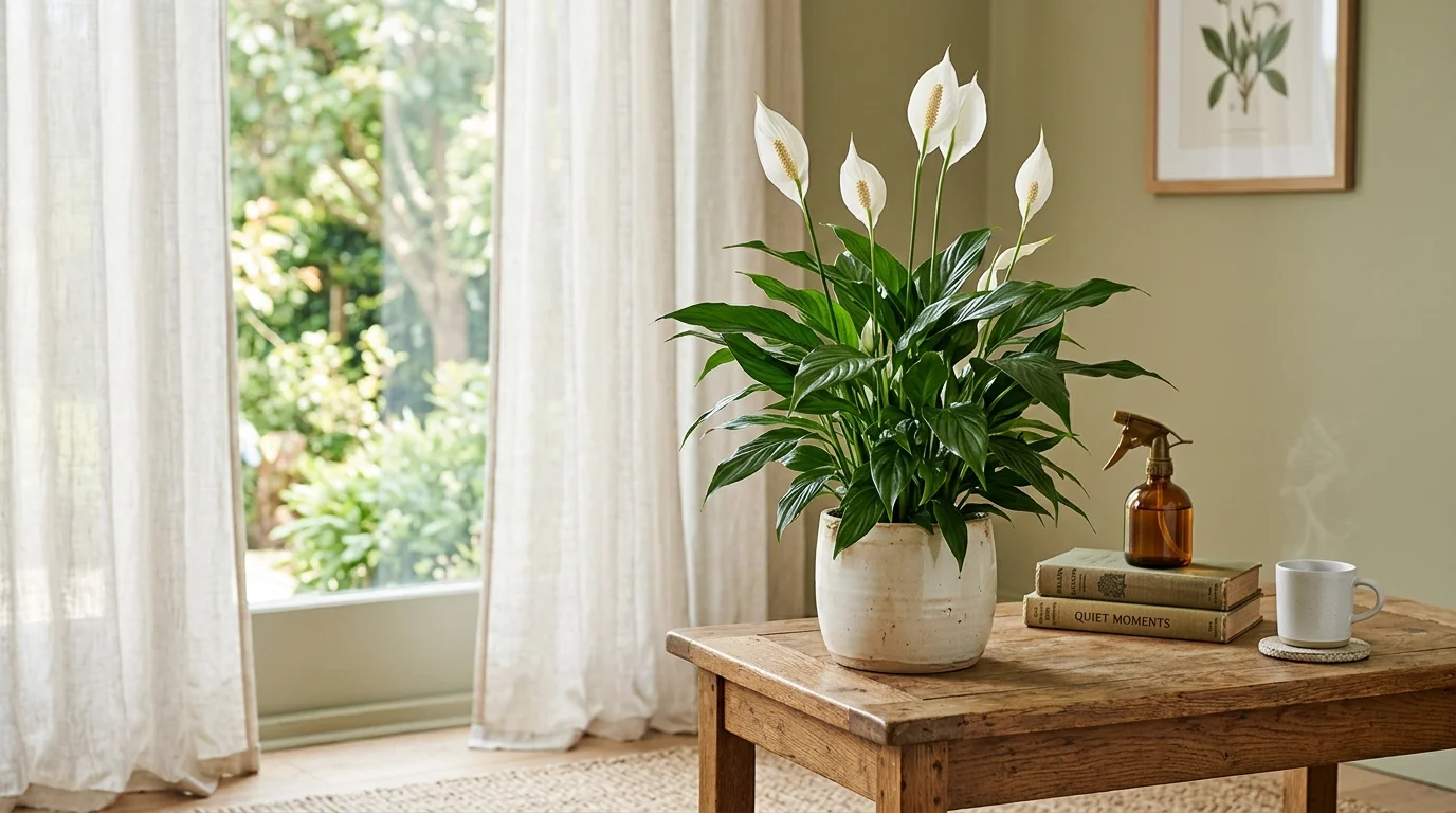 A peace lily plant with glossy dark green leaves and white blooms placed on a wooden side table soft natural light calming air purifying atmosphere no people