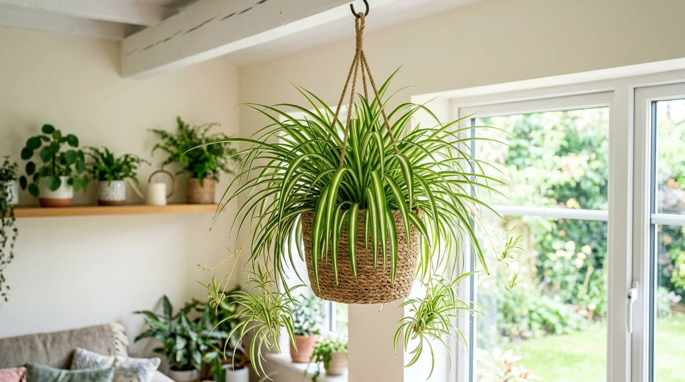 A spider plant in a hanging basket with long arching green and white striped leaves bright daylight lively fresh indoor environment no people