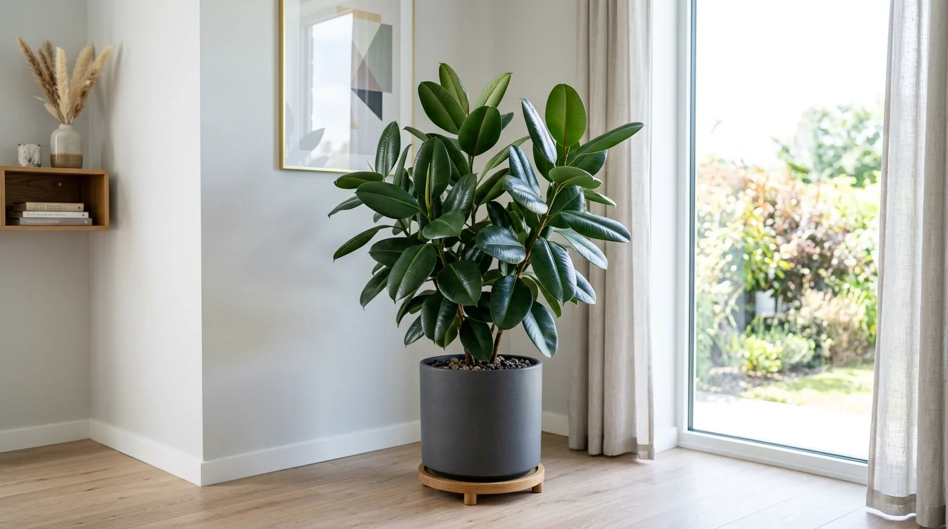 A rubber plant with thick shiny leaves in a modern pot placed in a corner of a room bright natural lighting clean contemporary decor no people