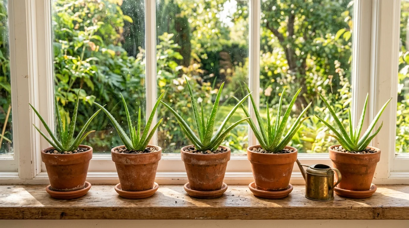 A set of aloe vera plants in small terracotta pots arranged on a sunny windowsill bright natural light fresh functional greenery no people