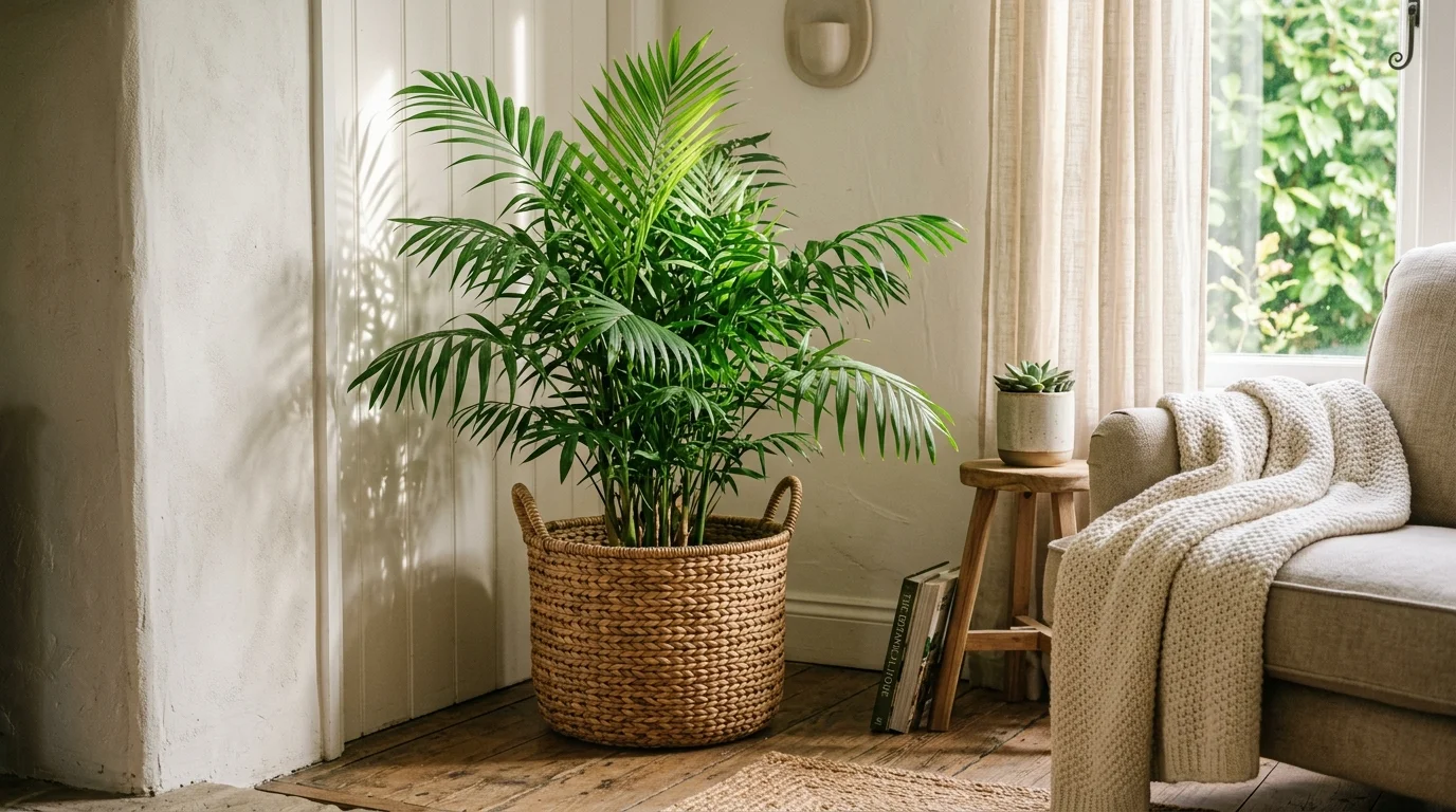 A bamboo palm placed in a woven basket in a cozy corner with soft light filtering through leaves tropical air purifying feel no people