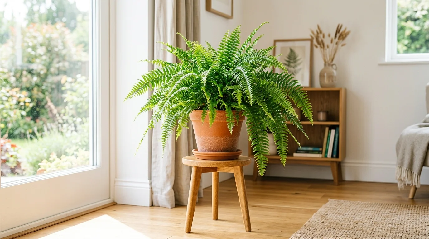 A Boston fern with lush feathery leaves placed on a plant stand bright natural lighting vibrant fresh indoor decor no people