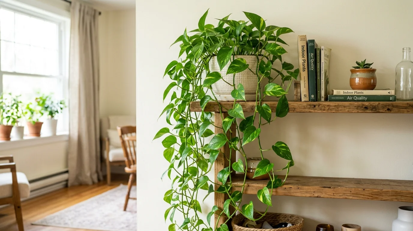 A pothos plant with trailing vines cascading from a shelf bright daylight easy care greenery enhancing indoor air quality no people