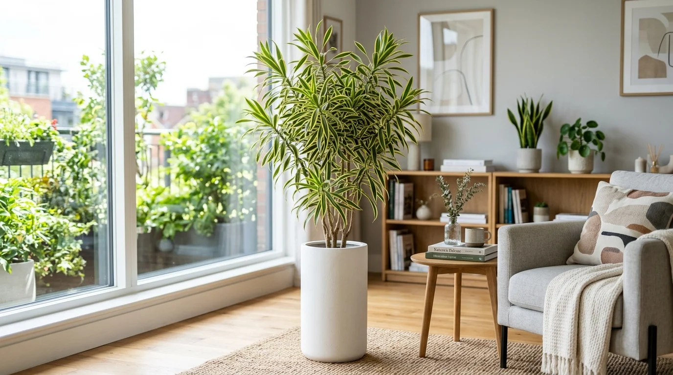 A dracaena plant with long striped leaves in a tall planter placed in a living space bright lighting modern air purifying decor no people