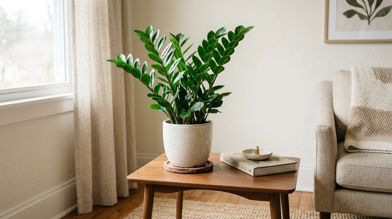 A ZZ plant with glossy dark green leaves placed on a side table low maintenance indoor greenery soft lighting elegant simple style no people