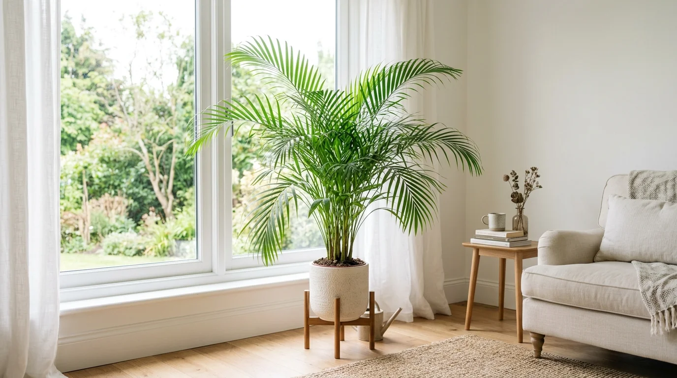 A areca palm with feathery fronds placed near a window bright natural light airy refreshing indoor atmosphere no people