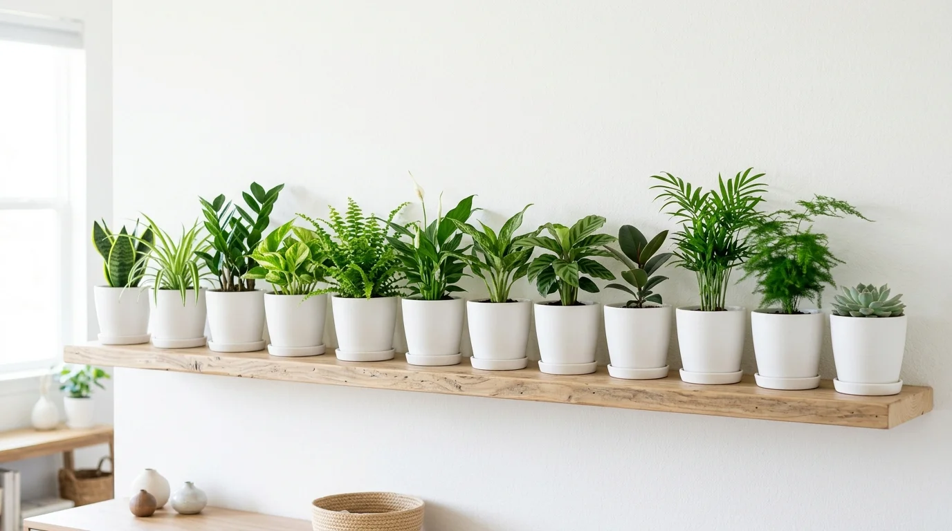 A collection of small air purifying plants arranged on a shelf in matching pots bright lighting clean organized greenery display no people