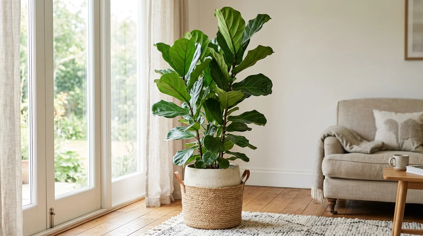 A fiddle leaf fig plant with large sculptural leaves placed in a stylish pot bright natural light bold indoor plant statement no people