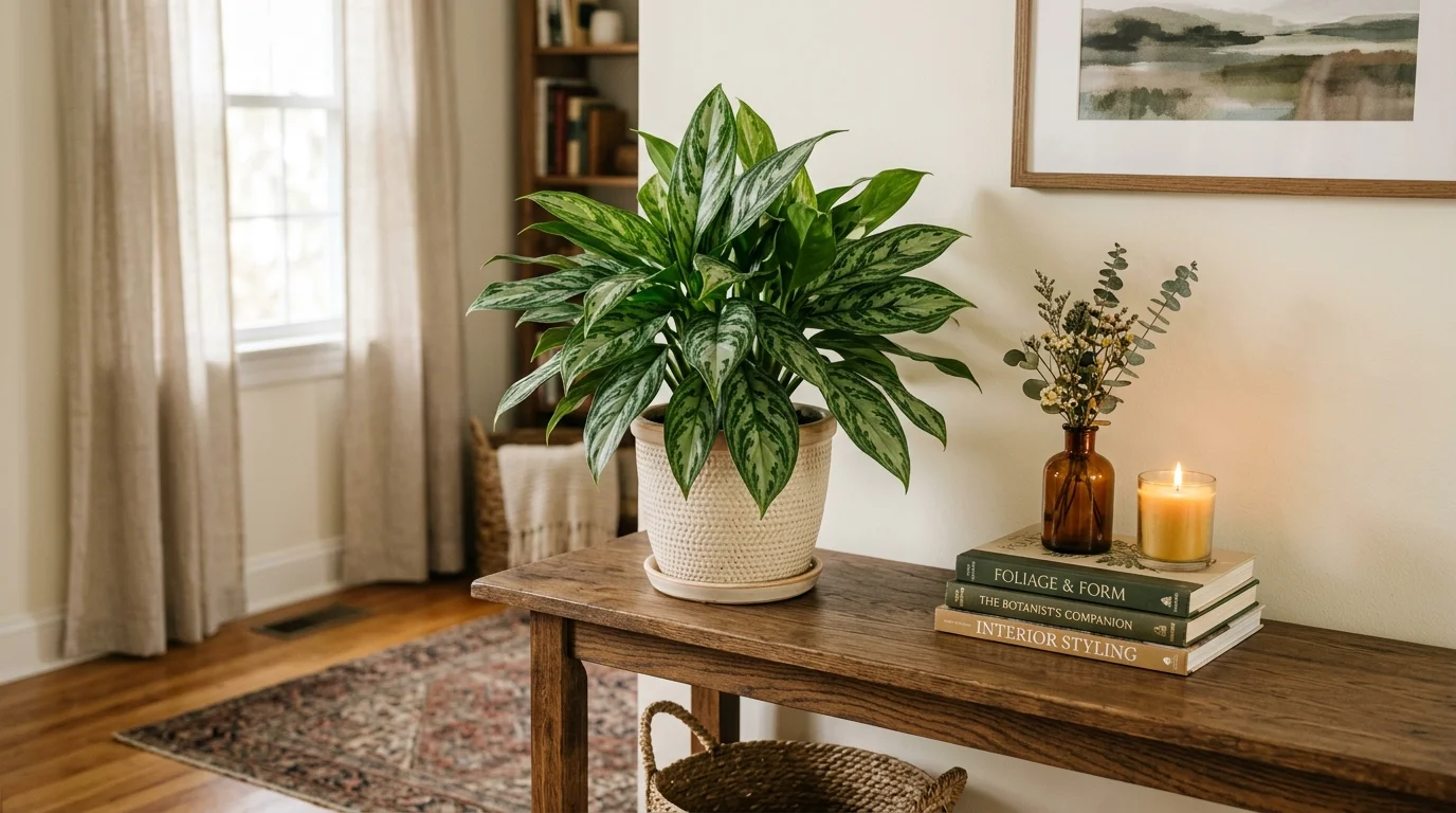 A Chinese evergreen plant with patterned leaves placed on a console table soft lighting decorative air cleaning plant no people