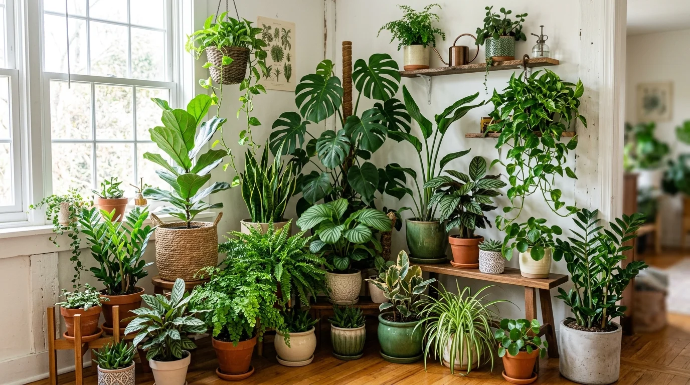 A mix of indoor plants grouped together in a corner creating a mini indoor garden with varied textures bright natural daylight lush refreshing environment no people