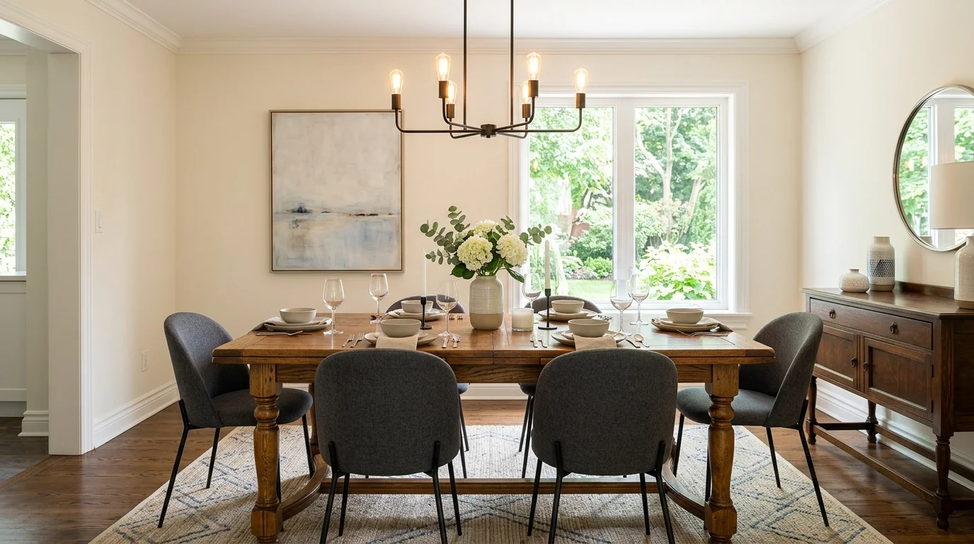A dining room with a traditional wooden table and modern chairs under a simple chandelier bright lighting harmonious mix of styles no people