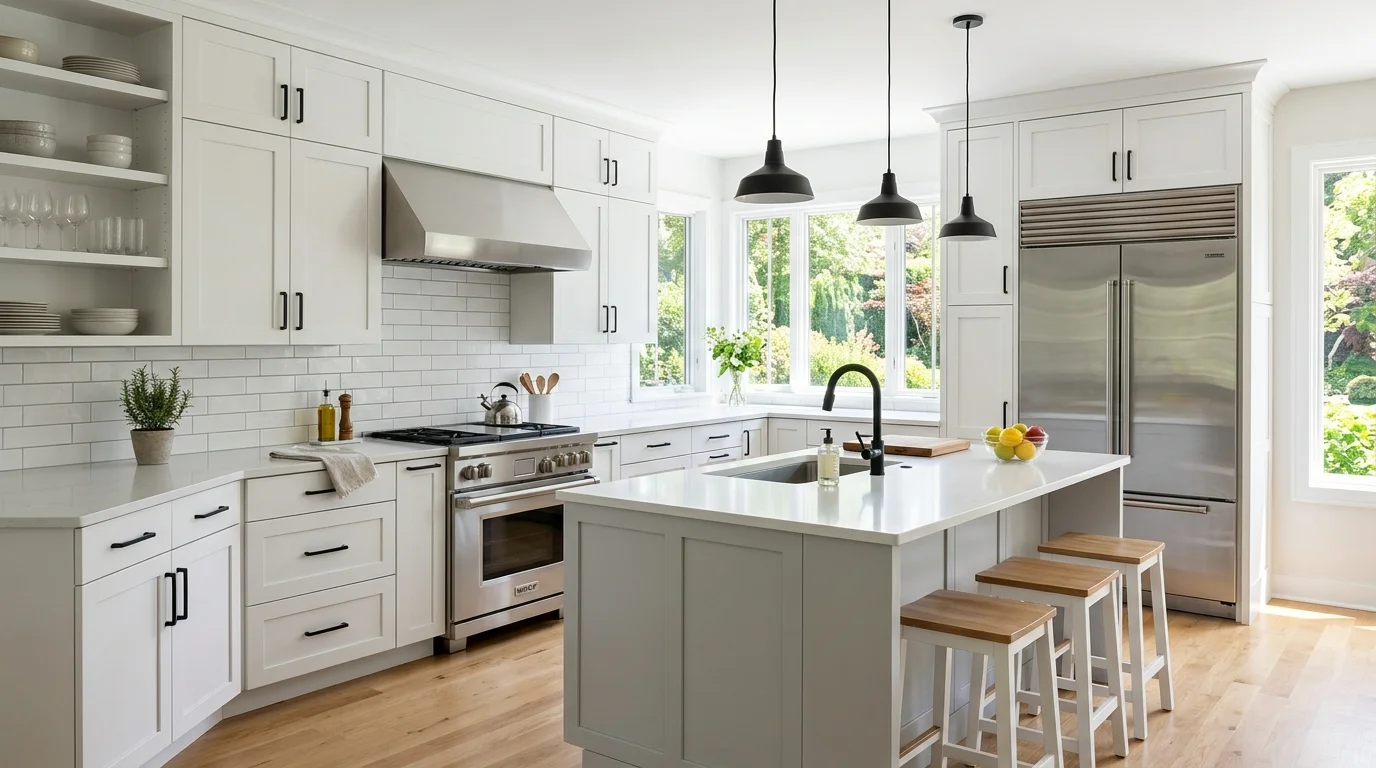 A kitchen with shaker cabinets and contemporary hardware paired with modern appliances bright natural light clean transitional aesthetic no people