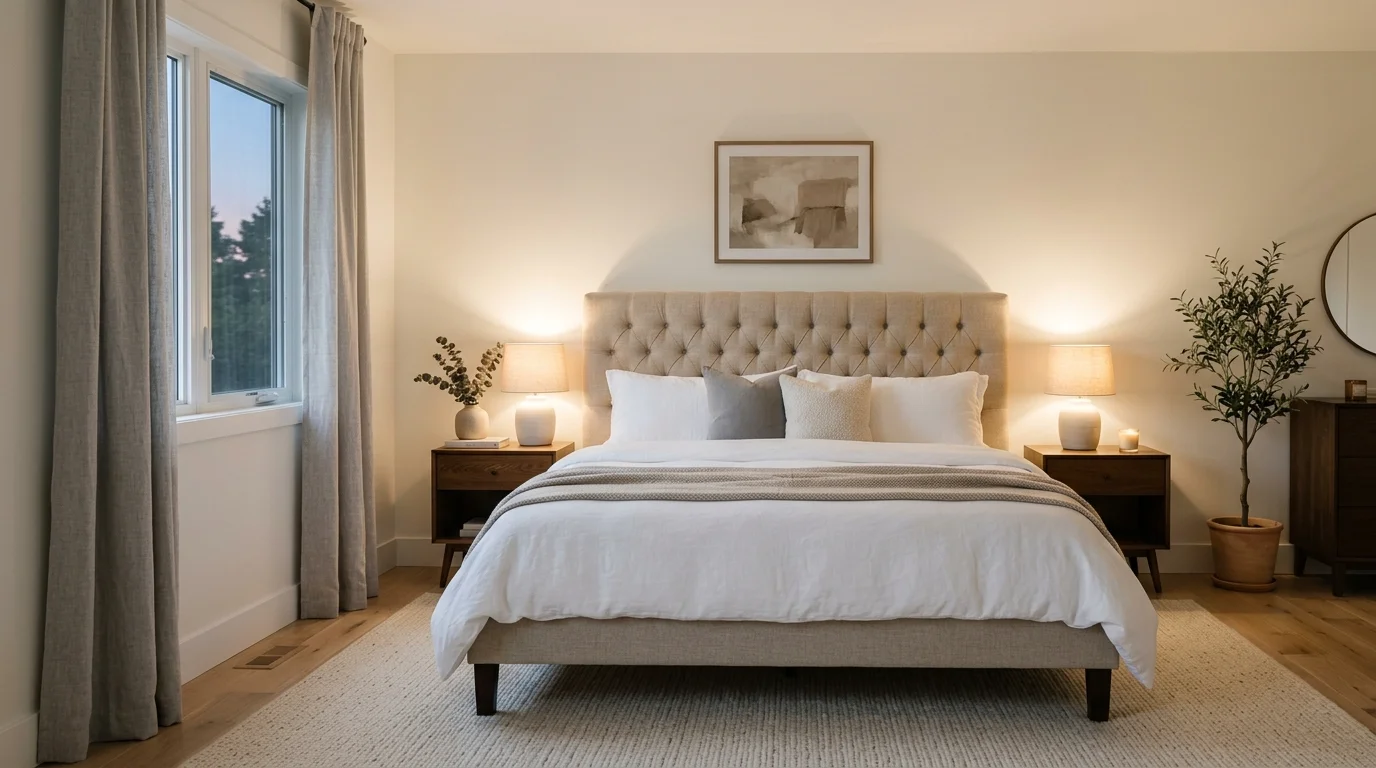 A bedroom with a classic upholstered bed frame and minimalist decor soft lighting elegant balanced atmosphere no people