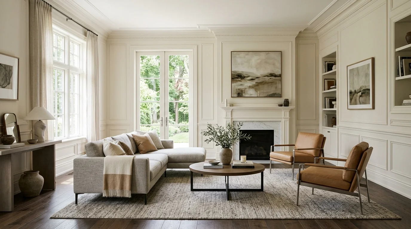 A living space with neutral tones traditional moldings and modern furniture bright natural daylight cohesive transitional style no people