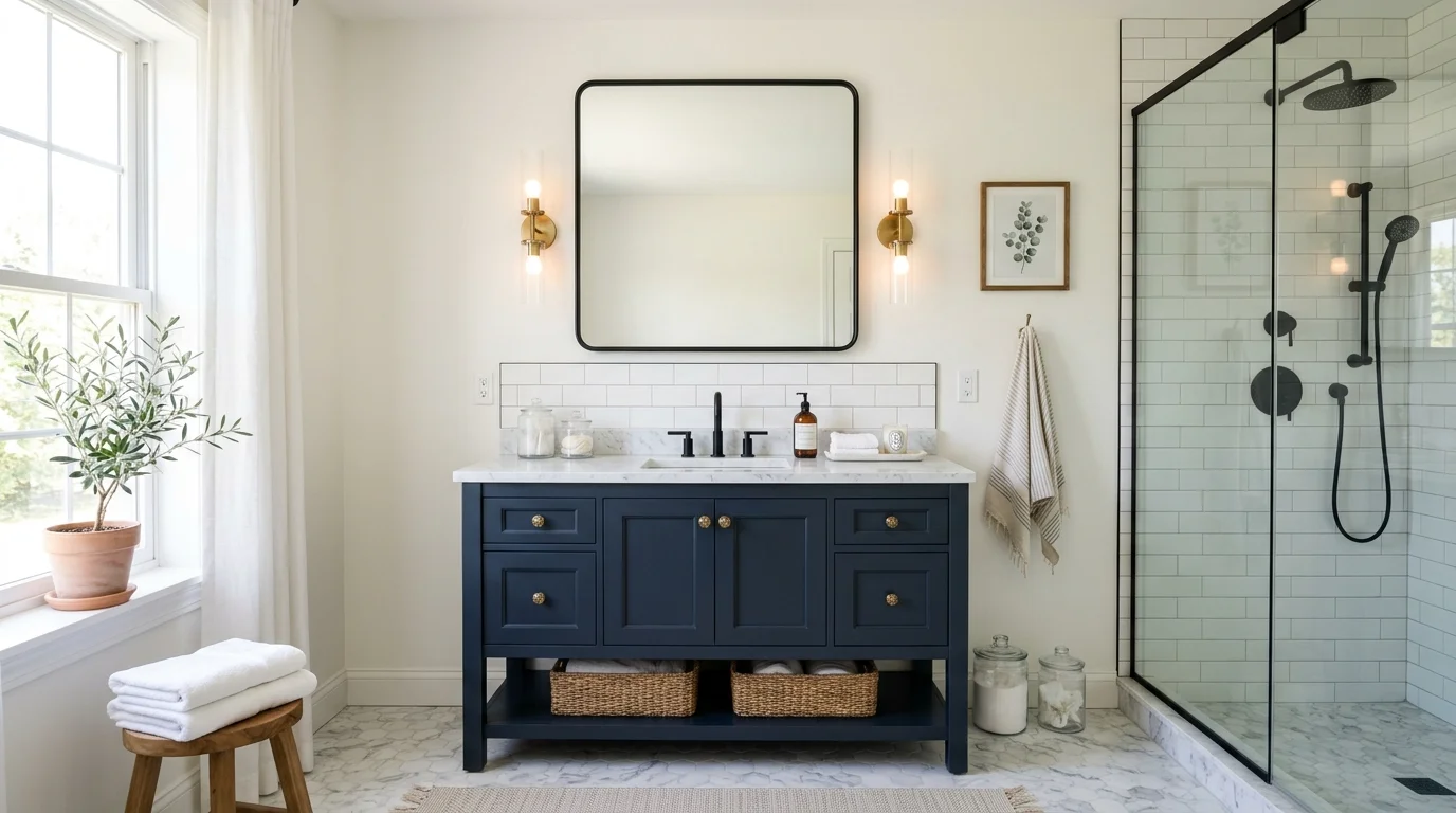 A bathroom with a classic vanity and modern fixtures paired with simple decor bright lighting refined blended design no people