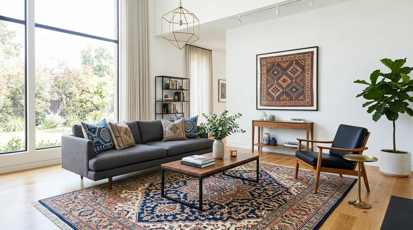 A room with traditional patterns in textiles combined with modern clean lines in furniture bright lighting stylish contrast no people
