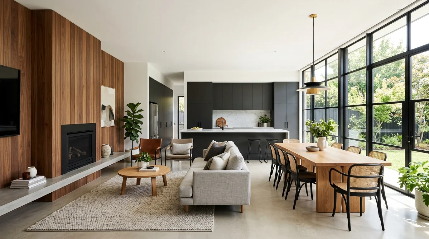 A space with a mix of wood finishes and sleek surfaces creating visual balance bright natural light warm modern elegance no people