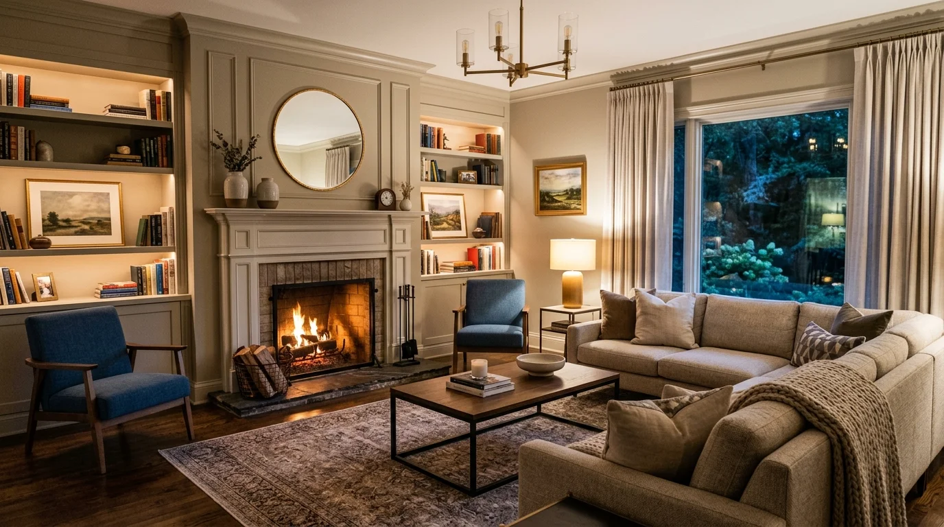 A living room with a fireplace and classic mantel paired with contemporary seating soft ambient lighting timeless transitional look no people