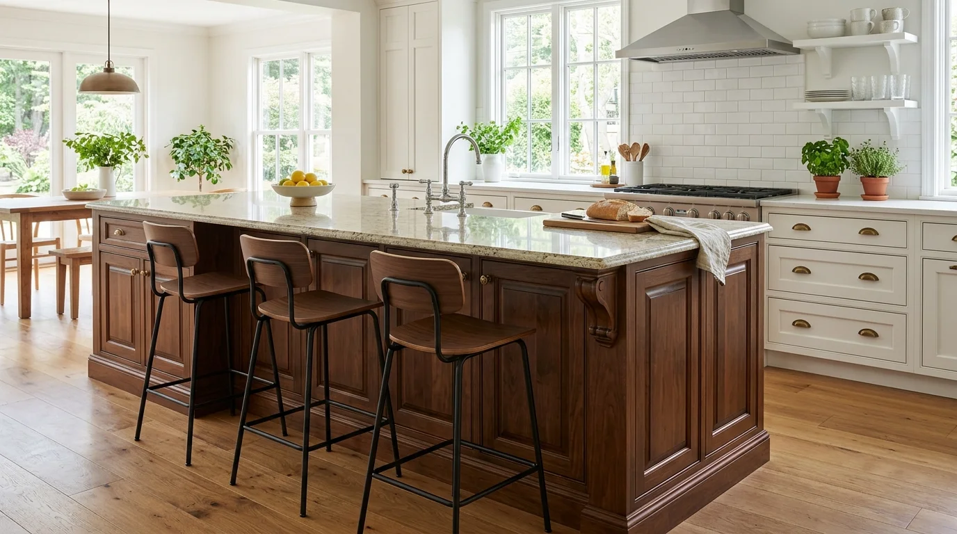 A kitchen island with traditional detailing and modern bar stools bright natural light balanced functional design no people