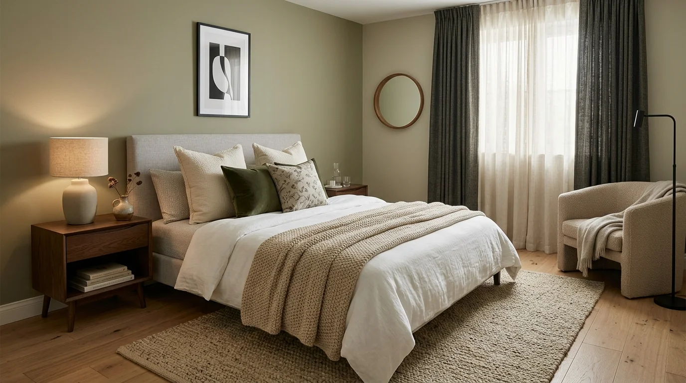 A bedroom with layered textures combining classic fabrics and modern minimal decor soft lighting cozy refined style no people