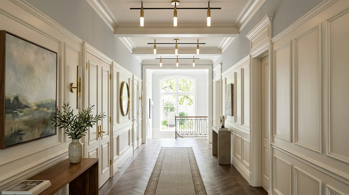 A hallway with classic paneling and modern lighting fixtures bright natural daylight elegant transitional space no people