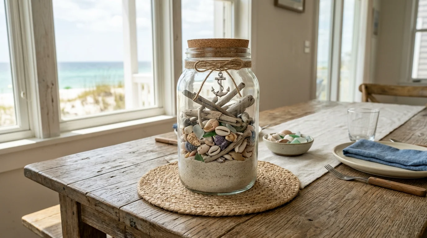 A glass jar layered with sand seashells and small driftwood pieces used as a centerpiece on a wooden table bright natural lighting simple beach inspired decor no people