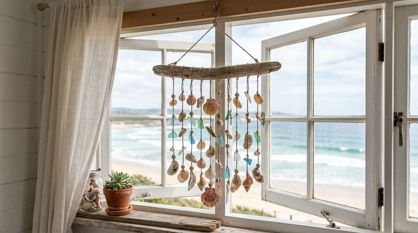 A DIY seashell wind chime hanging near a window with shells tied to driftwood gently catching light soft daylight airy coastal vibe no people