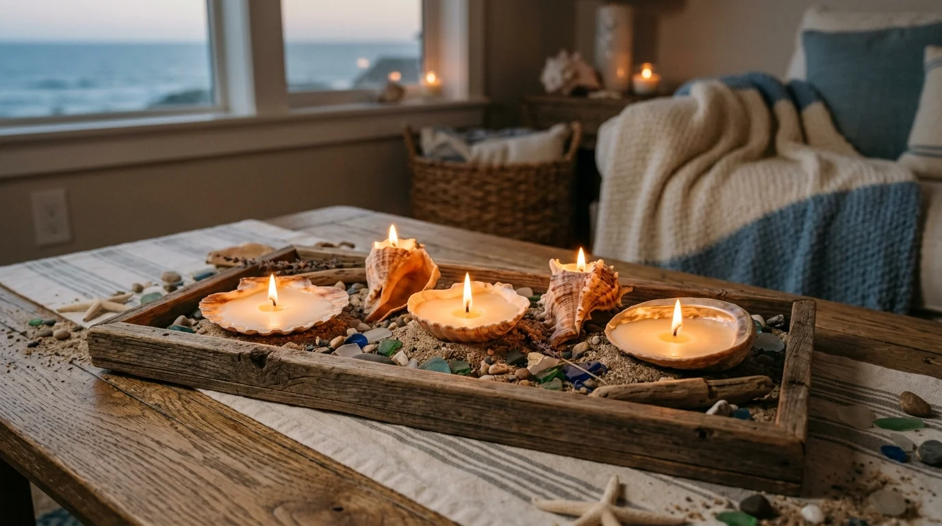 A set of seashell candles with wax poured into large shells placed on a tray warm soft lighting cozy beach themed accent no people