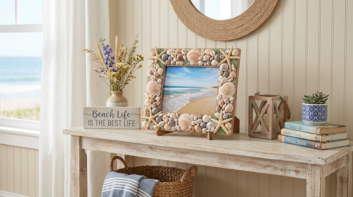 A picture frame decorated with glued seashells and small starfish displayed on a console table bright natural lighting charming coastal decor no people