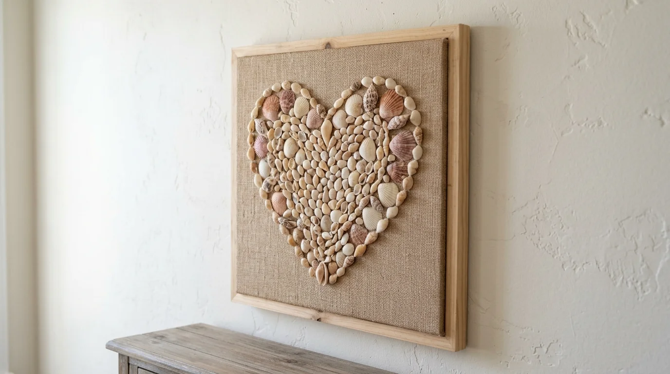 A wall art piece made from seashells arranged into a star or heart shape on a canvas hung on a neutral wall soft lighting handmade beach style no people