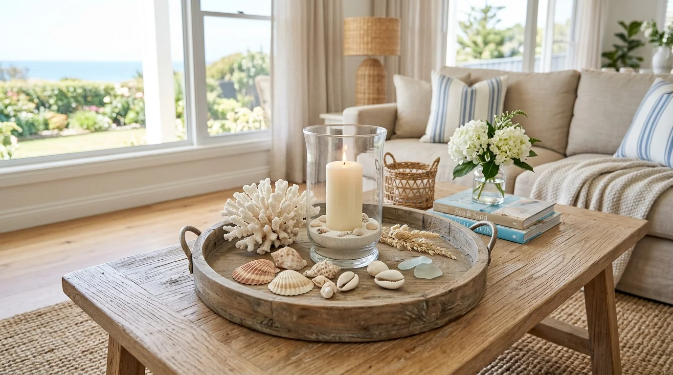 A decorative tray styled with seashells coral pieces and a candle placed on a coffee table bright daylight relaxed coastal living look no people