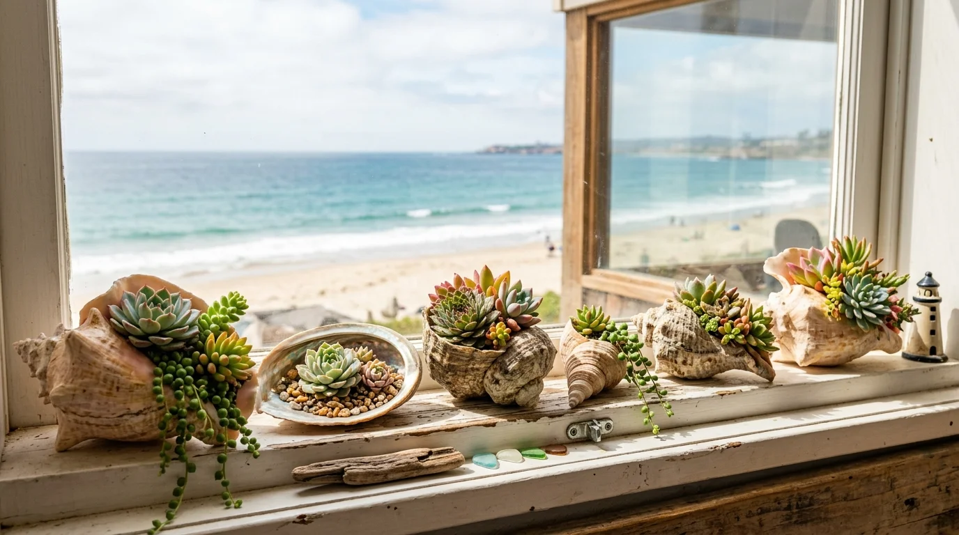 A set of large seashells used as planters holding succulents placed on a windowsill bright natural lighting creative beachy decor no people