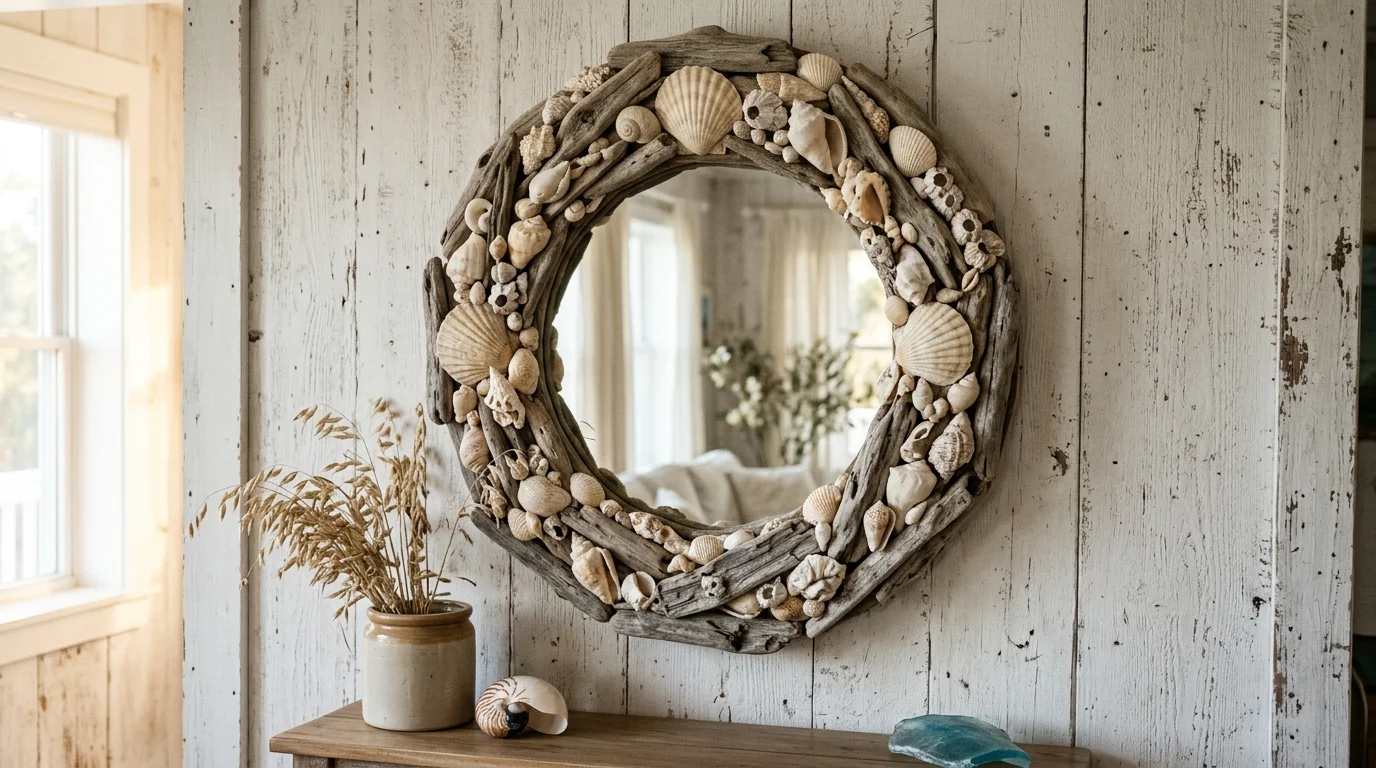 A mirror framed with seashells and driftwood mounted on a wall soft natural light rustic coastal accent piece no people