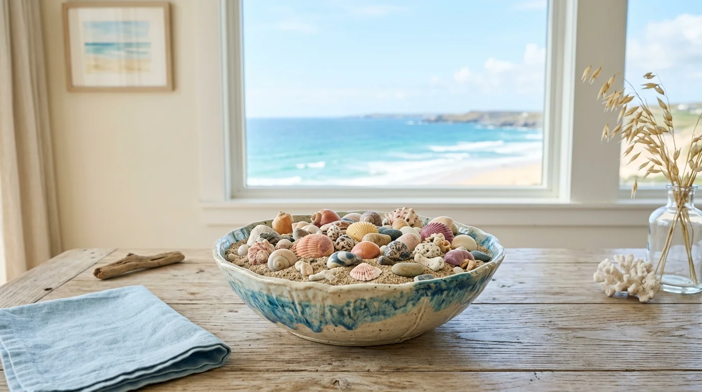 A decorative bowl filled with assorted seashells and sand placed on a table bright lighting simple ocean inspired styling no people