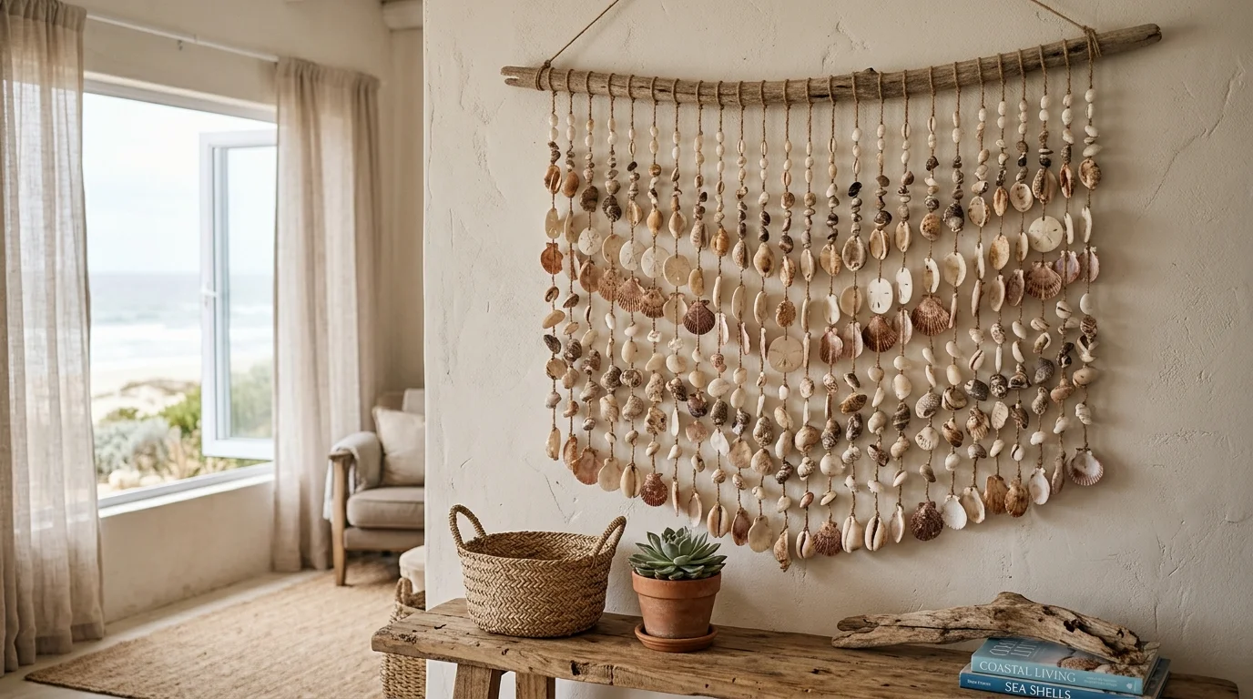 A hanging wall decor made with stringed seashells forming a curtain like display soft diffused lighting breezy coastal texture no people