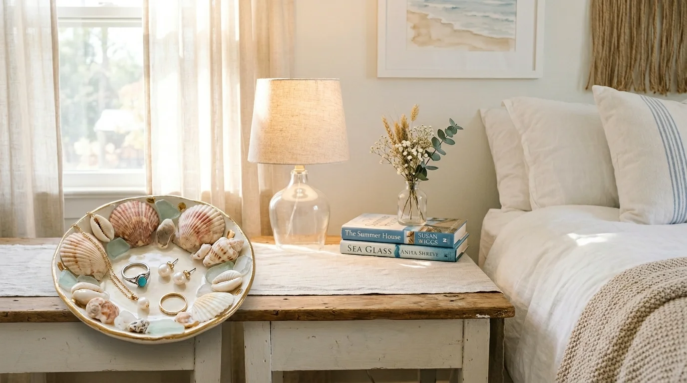 A DIY seashell jewelry dish placed on a bedside table with small accessories bright soft lighting elegant coastal touch no people