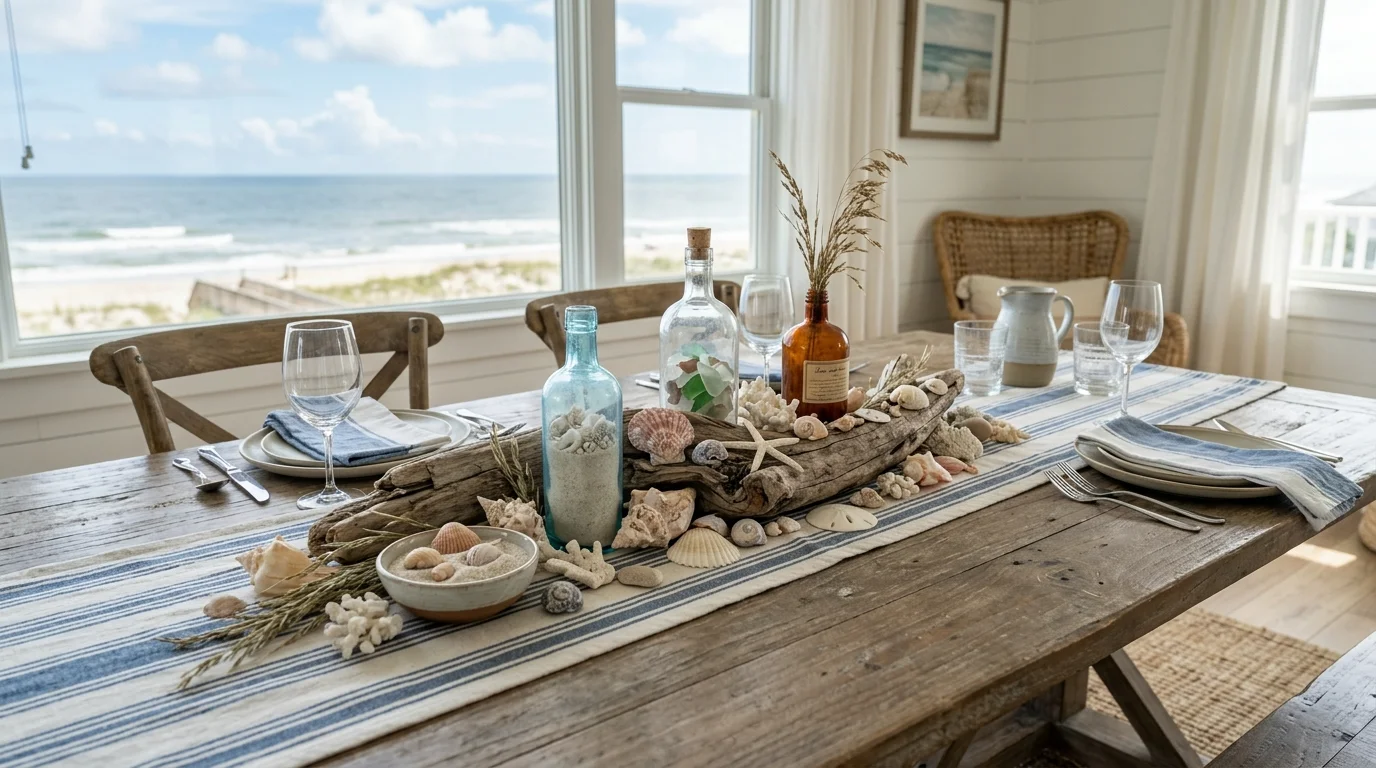 A coastal centerpiece with seashells driftwood and glass bottles arranged on a dining table bright natural lighting relaxed beach house decor no people