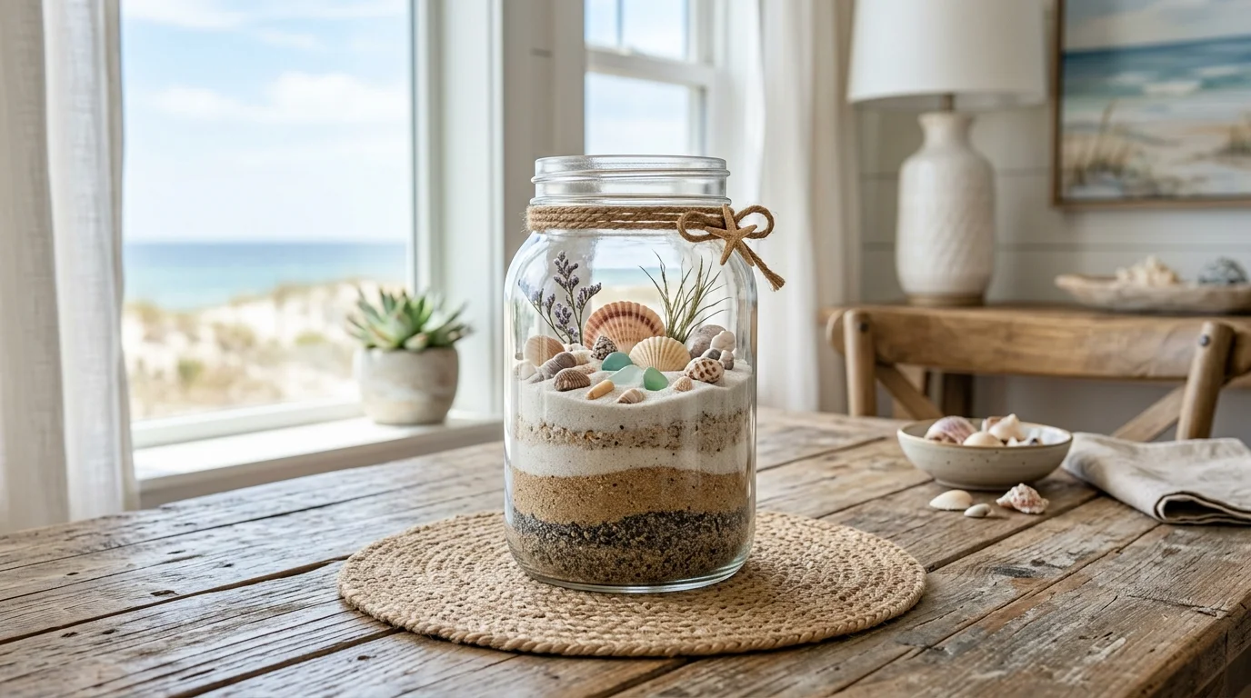 A glass jar filled with layered sand and assorted seashells used as a centerpiece on a wooden table bright natural lighting simple coastal decor idea no people