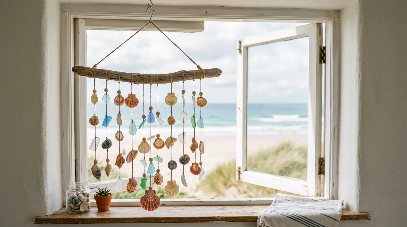 A DIY seashell wind chime hanging near a window with shells tied to driftwood gently catching light soft daylight airy beachy vibe no people