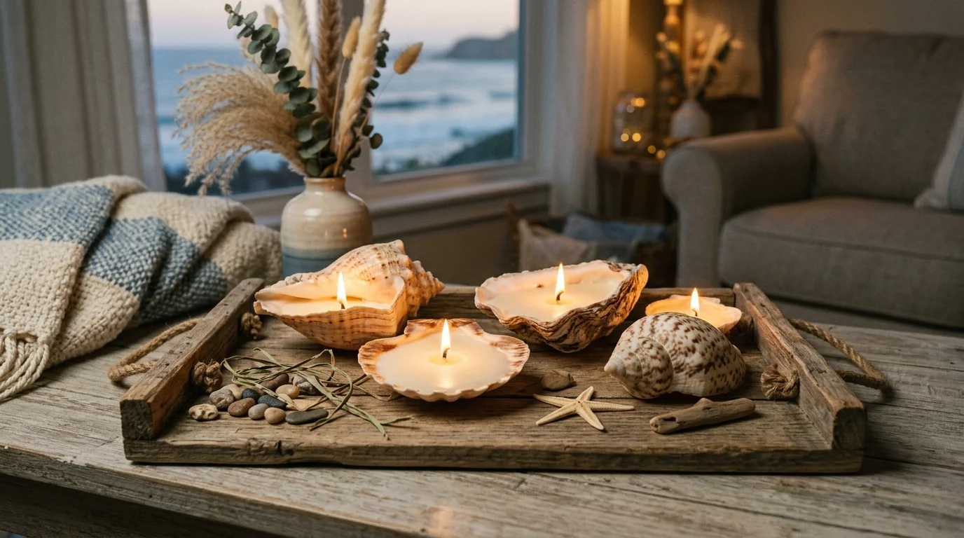 A set of seashell candles with wax poured into large shells placed on a tray warm soft lighting cozy coastal accent no people